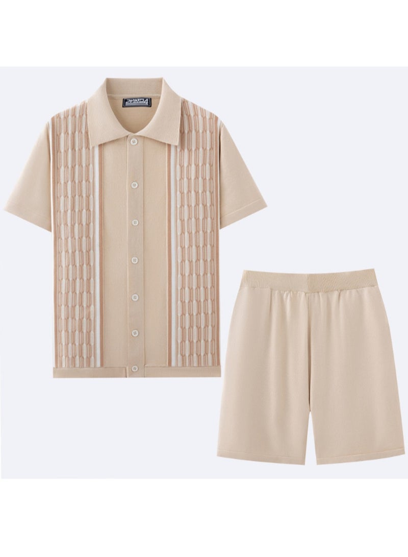 Summer Men's Cool Silk Jacquard Two-piece Knitted Sweater Casual Polo Shirt Fashion Suit - Image 4