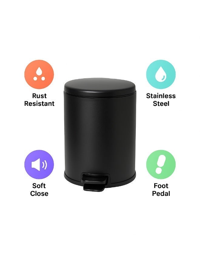 Primanova Trash Can 12 Liter Stainless Steel Pedal Bin with Soft-Close Lid and Removable Inner Bucket – Compact Bathroom Kitchen Waste Bin (Black) - Image 5
