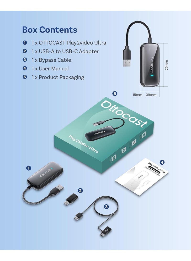 Ottocast Play2Video Ultra Wireless CarPlay & Android Auto AI Box – All-in-One Adapter with Netflix, YouTube, Prime Video, IPTV | Dual-Band 5G WiFi, Bluetooth 5.4 | 4GB RAM 32GB ROM | Plug & Play - Image 2