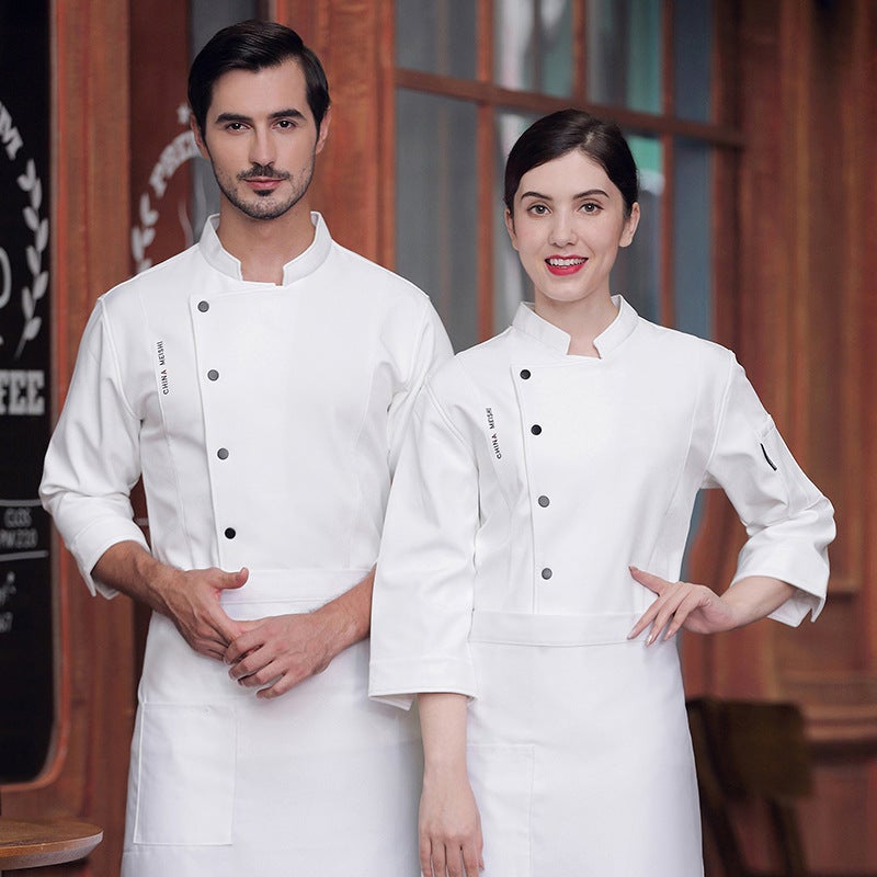 High-Grade Fleece-Lined Chef Overalls Men'S Mid-Sleeve Clothing Women'S El Western Restaurant Quality Kitchen Clothing Printed Seven-Point Sleeve - Image 1