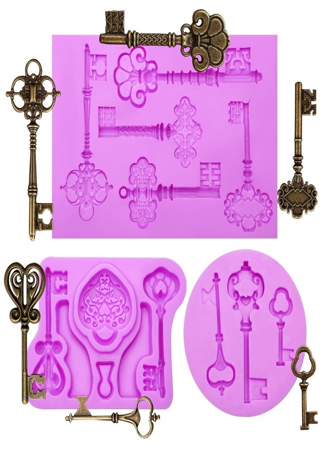acvcatto Vintage Key Silicone Fondant Mold, Lock Keyhole Chocolate Molds, 3-Piece for Cake Decoration Chocolate, Resin, Soap Crafting Candy, Sugarcraft, GumPaste, Polymer, Clay - Image 1