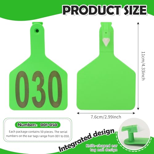 APlayfulBee Z Tags One-Piece Cattle Ear Tags 001-050 Number TPU Large Size Animal Identification Tags for Cows, Hogs, Sheep (Green) - Image 2