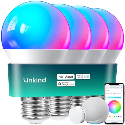 Linkind Smart Light Bulbs with Remote Control, Smart Bulb That Work with Alexa & Google Home, 16 Million Color Changing Light Bulbs 60W, A19 E26 2.4Ghz WiFi Light Dimmable,1800K-6500K,800lm 4 Pack - Image 1