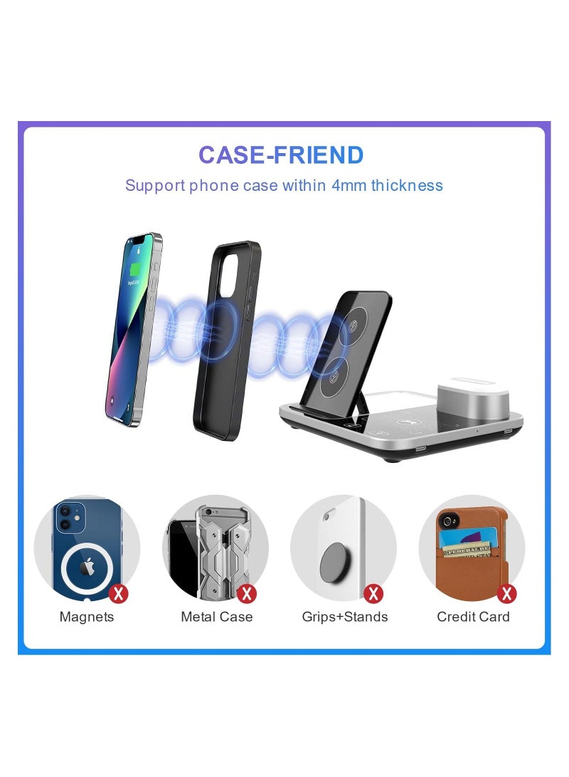 عام Wireless Charging Station, 4-in-1 with Ambient Light Foldable Wireless Charging Stand for iPhone/Huawei/Samsung/Xiaomi Multiple Devices, for Phones/Watches/Wireless Headphones (Silver Black) - Image 5