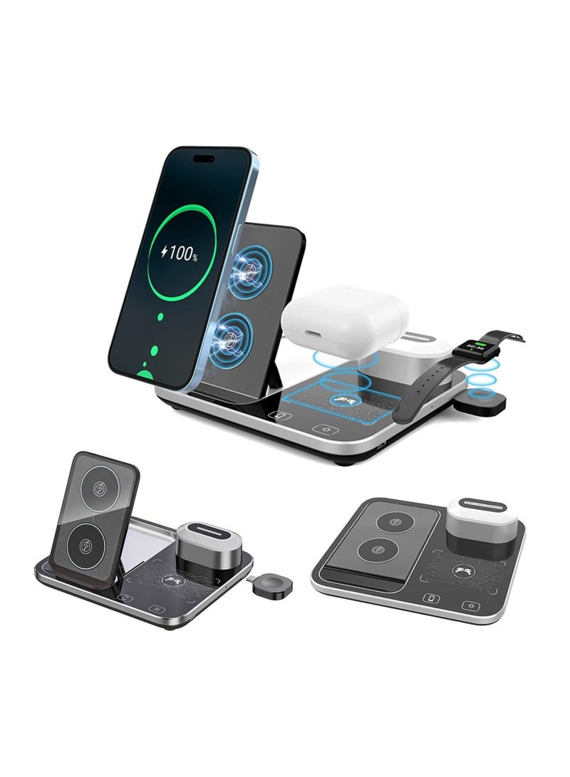 عام Wireless Charging Station, 4-in-1 with Ambient Light Foldable Wireless Charging Stand for iPhone/Huawei/Samsung/Xiaomi Multiple Devices, for Phones/Watches/Wireless Headphones (Silver Black) - Image 1