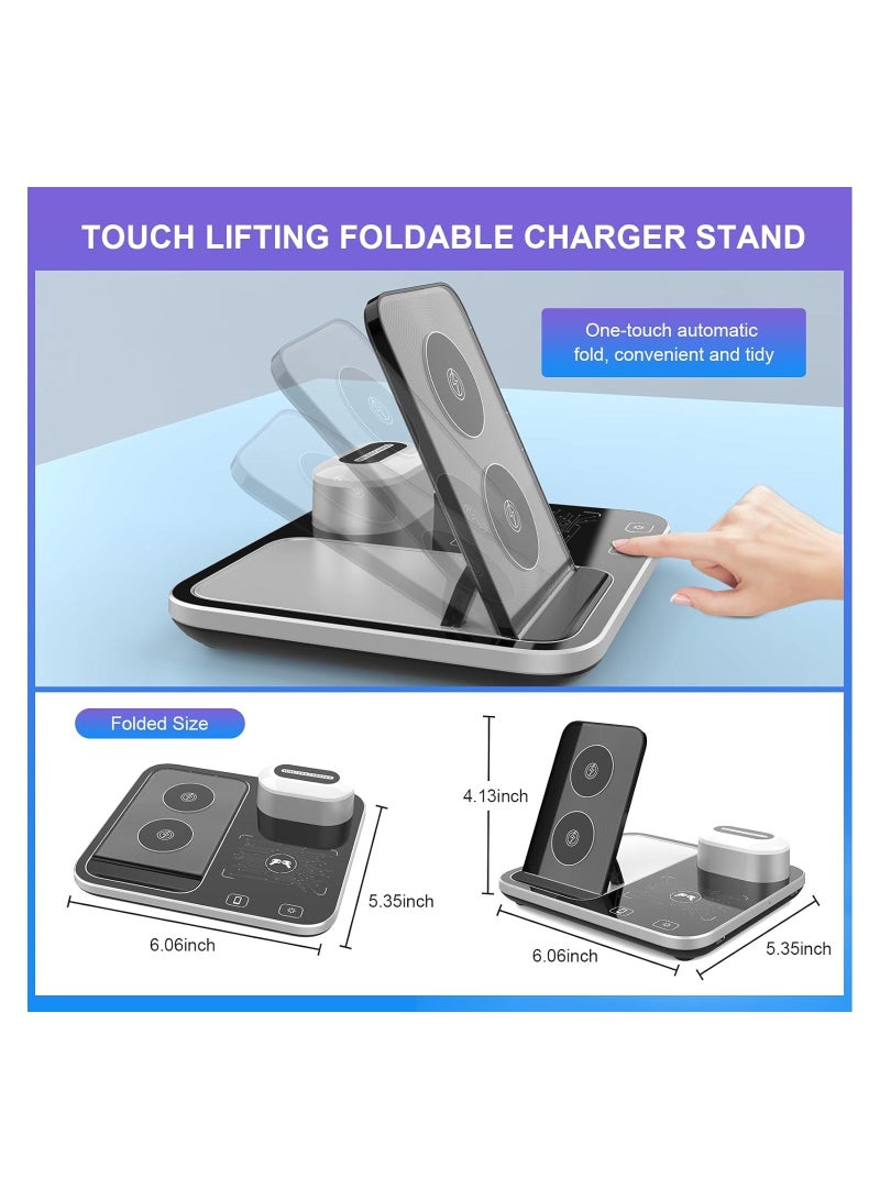 عام Wireless Charging Station, 4-in-1 with Ambient Light Foldable Wireless Charging Stand for iPhone/Huawei/Samsung/Xiaomi Multiple Devices, for Phones/Watches/Wireless Headphones (Silver Black) - Image 2