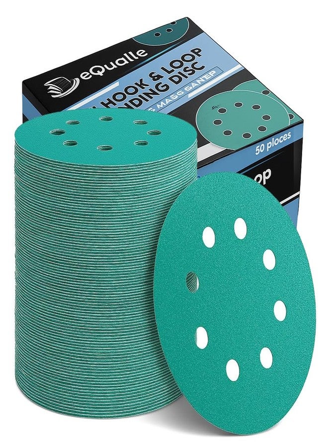 eQualle 5-Inch Sanding Discs, 8-Hole Hook & Loop (50-Pack) - 80/120/180/220/320 Grit - Film-Backed Calcined Alumina (Aluminum Oxide) for Random Orbital/DA Sanders, Wood Metal Auto Body - Image 1