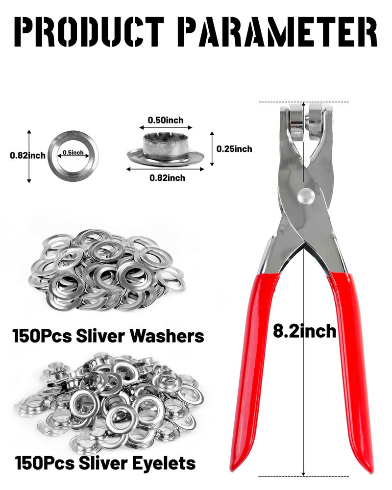 MoHern 150Pcs 1/2 Inch Grommet Tool Kit, Leather Hole Punch Pliers, Grommets Kit with 150 Metal Eyelets in Silver for Leather, Shoes, Fabric, Belts - Image 2