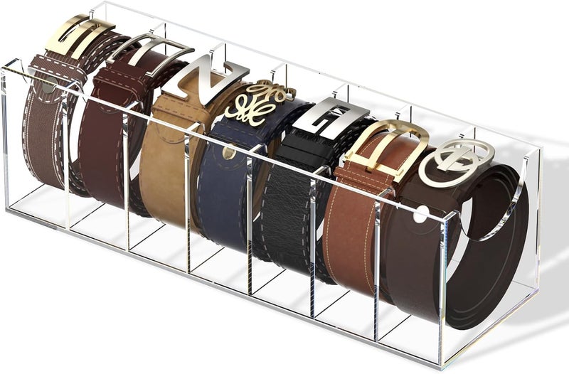 FEMELI Belt Organizer, Acrylic 7 Compartments Belt Container Storage Holder, Clear Belt Display Case for Closet Tie and Bow Tie - Image 1