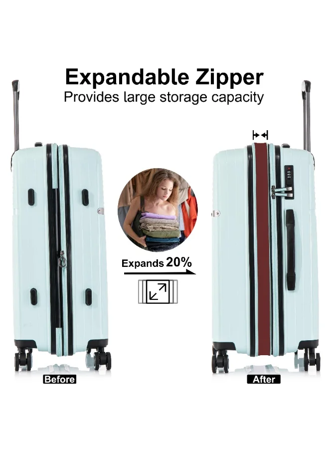 CABINPRO Light Weight PP Fashion Trolley Luggage Expandable Hard Case Carry on Suitcase with Safe Zipper and 4 Quite 360° Double Spinner Wheels CP002 Mint
