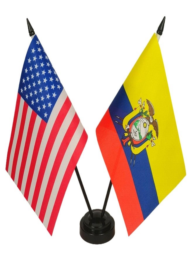 Zigvert America & Ecuador Friendship Twin Desk Flag, US Ecuador Table Flags, 8 x 5 Inches American & Ecuadorian Deluxe Desk Flag Set - Miniature USA & Ecuador Stick Flag with Flag Stand - Image 1