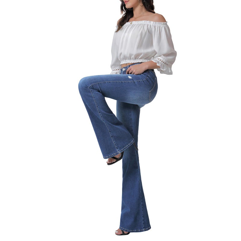VIPONES Flare Jeans for Women High Waist Stretch Slimming Destoryed Wide Leg Pants Rise Skinny (104, 14) - Image 2
