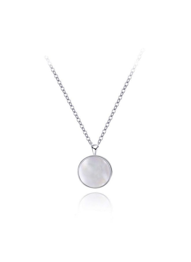 S.Leaf - Minimalism Round Mother Of Pearl Necklace Sterling Silver Circle Disc Pendant Shell Pendant (Silver) - Image 1
