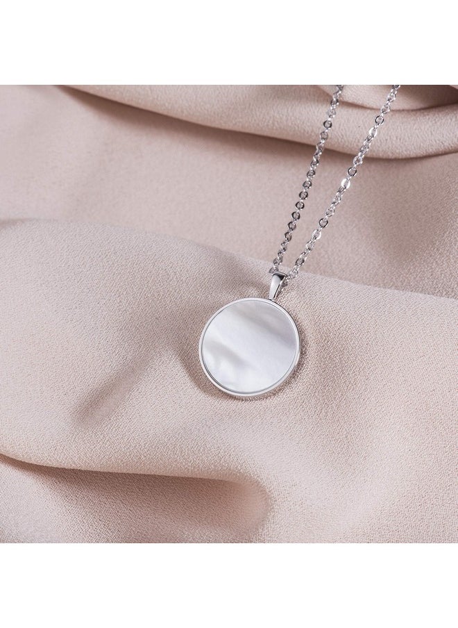 S.Leaf - Minimalism Round Mother Of Pearl Necklace Sterling Silver Circle Disc Pendant Shell Pendant (Silver) - Image 1