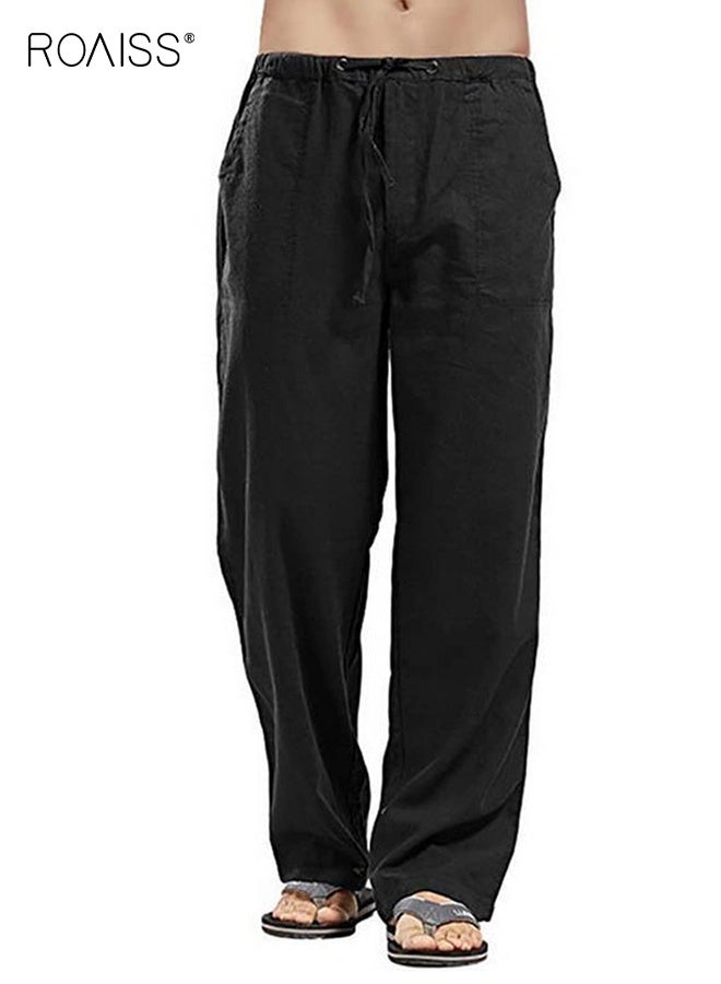 roaiss Men's Cotton Linen Loose Casual Trousers, Simple Plus Size Wide Leg Trousers, Lightweight Breathable Pants, Fitness Running Outdoor Sports Pants, Solid Color Black
