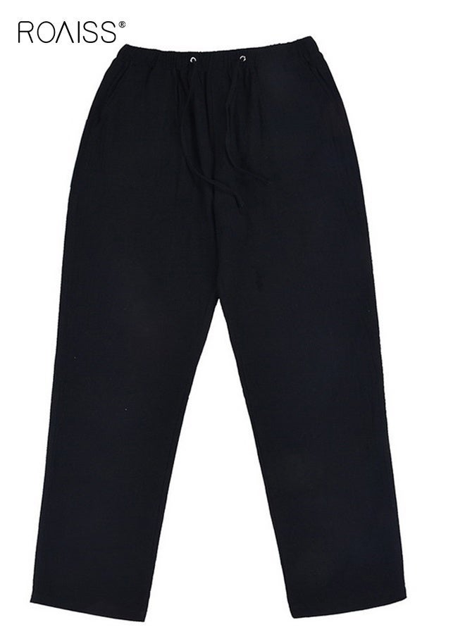 roaiss Men's Cotton Linen Wide Leg Trousers Yoga Pants Casual Simple Solid Plus Size Sweatpants Lightweight Breathable Pant Fitness Running Outdoor Sports Pants Solid Color - Image 2