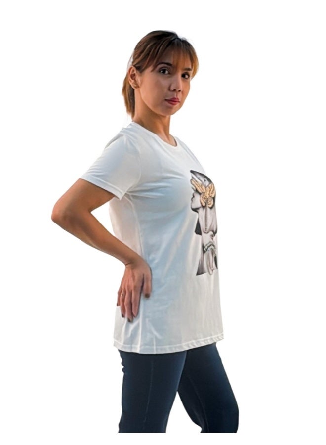 JOANNA JOANNA W203012 Women's Lady With Butterfly Print Round Neck Short Sleeve T-Shirt - White  - Image 1
