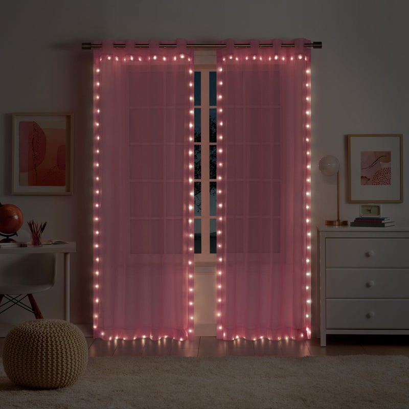 Eclipse Starlight Light Up Sheer Hookless Grommet Curtain, Curtain Lights with Remote Control, Bedroom Curtain, Room Divider or Outdoor Patio, 1 Panel, 63 in Long x 52 in Wide Curtain, Pink - Image 1