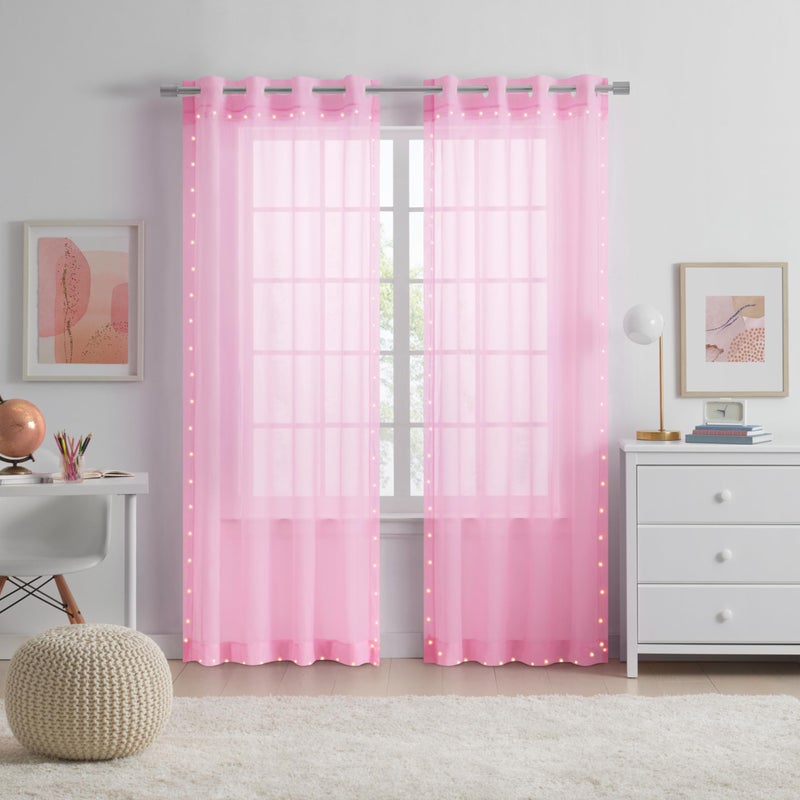 Eclipse Starlight Light Up Sheer Hookless Grommet Curtain, Curtain Lights with Remote Control, Bedroom Curtain, Room Divider or Outdoor Patio, 1 Panel, 63 in Long x 52 in Wide Curtain, Pink - Image 4