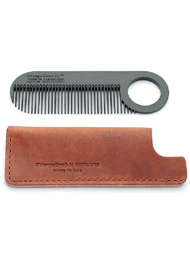 Chicago Comb No. 2 Carbon Fiber + Tan Horween Leather Sheath Made In Usa Graphite Black Comb + English Tan Sheath - Image 1