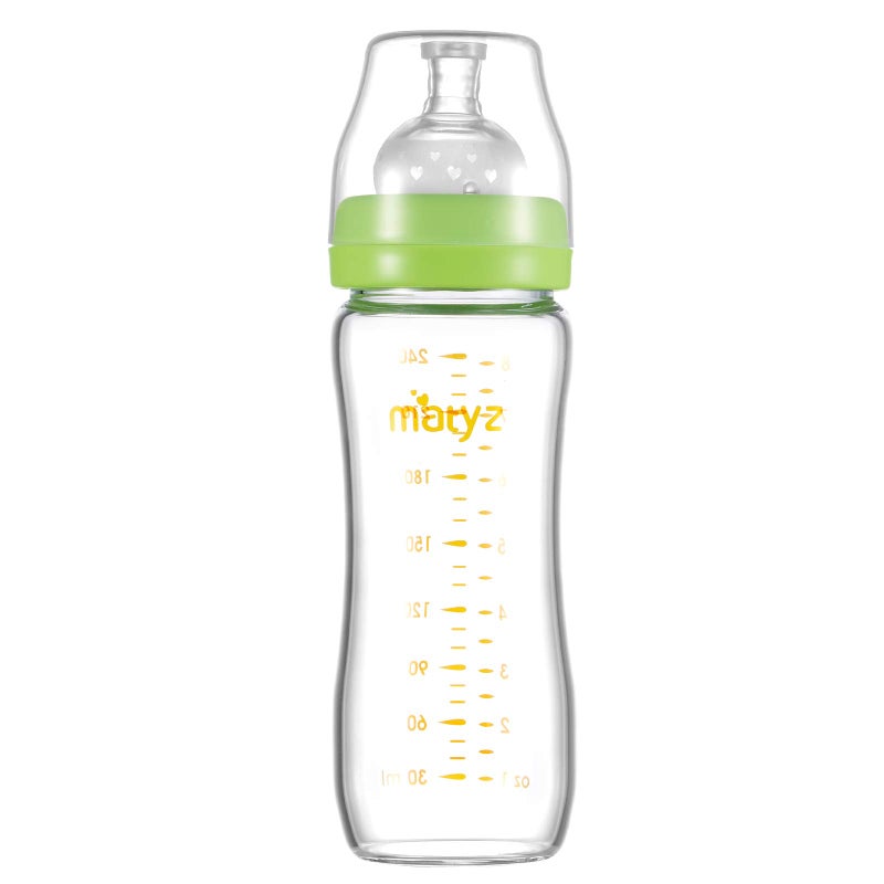 Matyz 8 Ounce Glass Baby Feeding Bottle With Nipple - Light and Slim, Easy to Hold and Clean - Food Grade Borosilicate Glass, Wide Neck for Breastmilk Feeding, No BPA (Green Lids) - Image 1