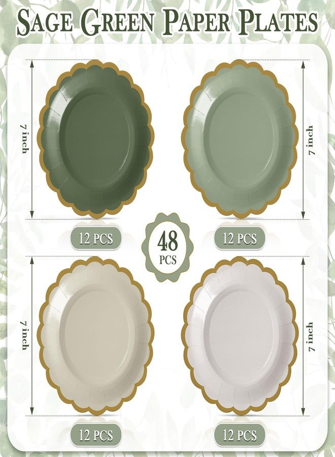 Tiangrid 48 Pcs Gradient Sage Green Paper Plates 7 Inch Scalloped Disposable Dessert Plate for Coquette Bridal Pink Bow Wedding Birthday Baby Shower Party Supplies - Image 2