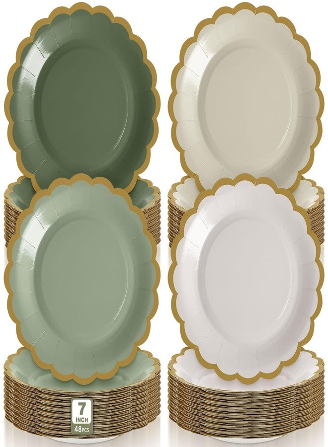 Tiangrid 48 Pcs Gradient Sage Green Paper Plates 7 Inch Scalloped Disposable Dessert Plate for Coquette Bridal Pink Bow Wedding Birthday Baby Shower Party Supplies - Image 1