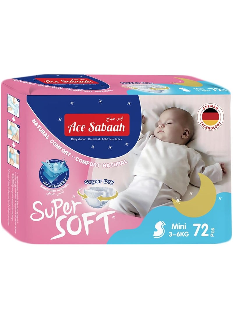 Ace Sabaah Super Dry Diaper, Soft Feel, Natural Comfort, 1 Pack 72 Diaper, Small Size 2, 3-6Kg, Diaper, Mega Pack 