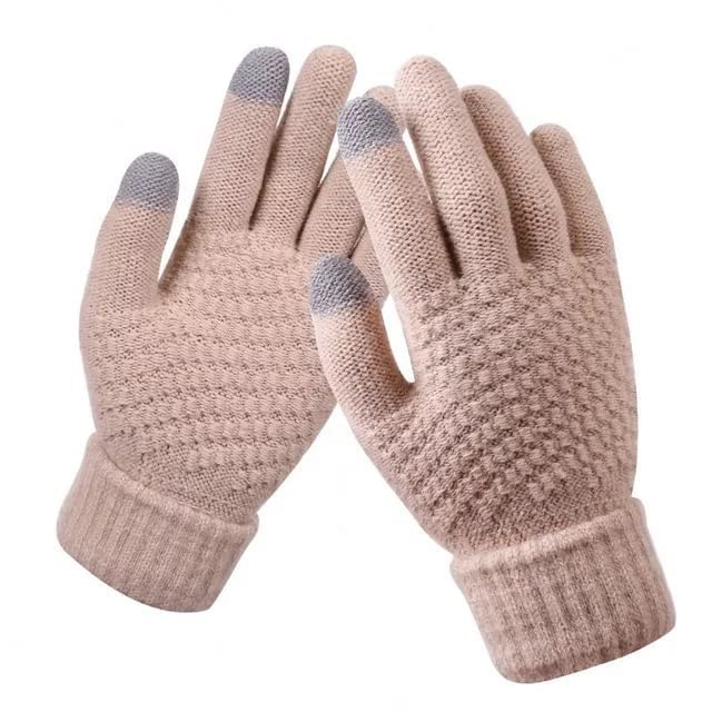 Krystle Winter Touchscreen Gloves for Women, 1 Pairs Women's Warm Driving Gloves Thermal Knit Soft Fleece Lined Texting Gloves_Pack Of 01(Free Size,Beige) - Image 1