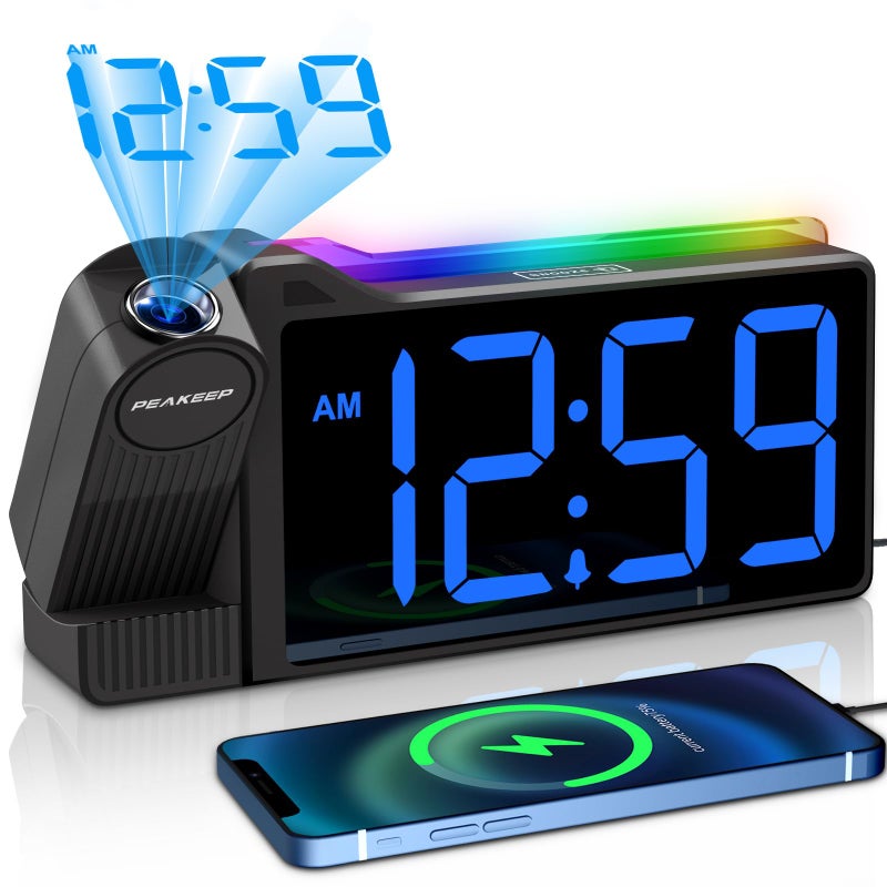 Peakeep Projection Alarm Clock for Bedroom Ceiling 180 Rotatable Loud for Heavy Sleepers Colorful Nightlight 5 Brightness Dimmable Large Number Bedside Electric LED Digital Clock with USB Port