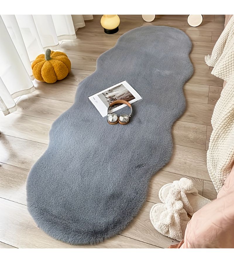 Dusty Pink Rabbit Plush Floor Mat Wavy Irregular Shape Cloud Design Soft Anti Slip Back For Living Room Sofa Bay Window Corridor Entrance 60 X 150 Cm - Image 1