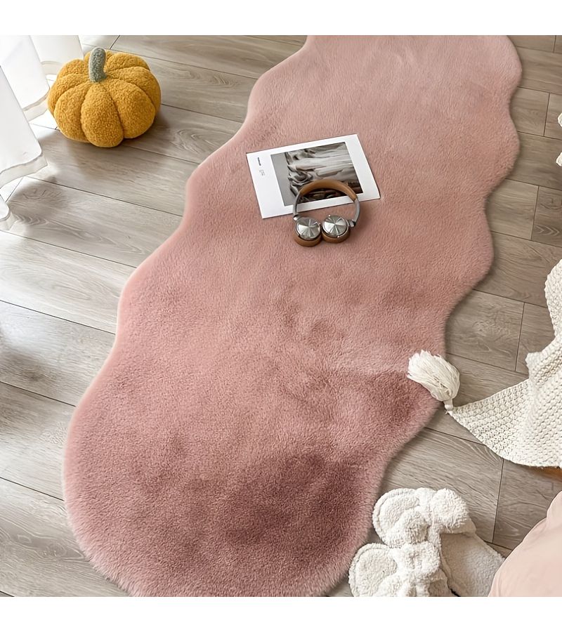 Dusty Pink Rabbit Plush Floor Mat Wavy Irregular Shape Cloud Design Soft Anti Slip Back For Living Room Sofa Bay Window Corridor Entrance 60 X 150 Cm - Image 3