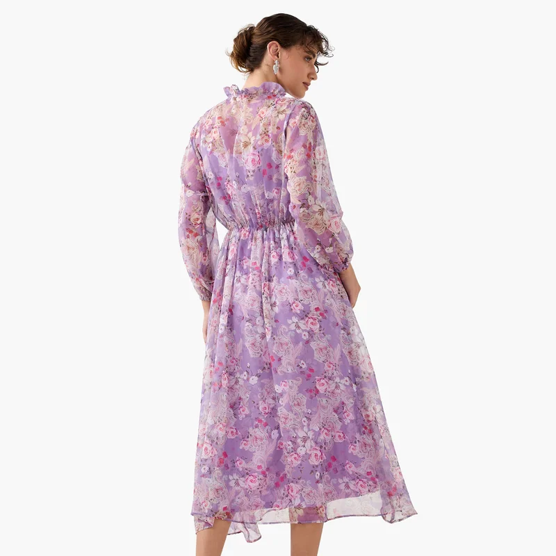 2Xtremz 2Xtremz Floral Print Ruffle Neck Midi Dress