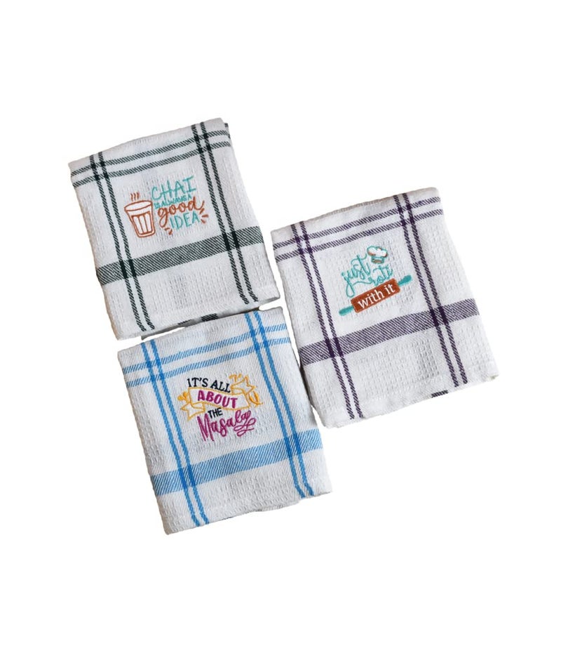 MaatirDesigns Maatir White Checks Embroidered Waffle Cotton Kitchen Dish Towel Set 2 - Image 1