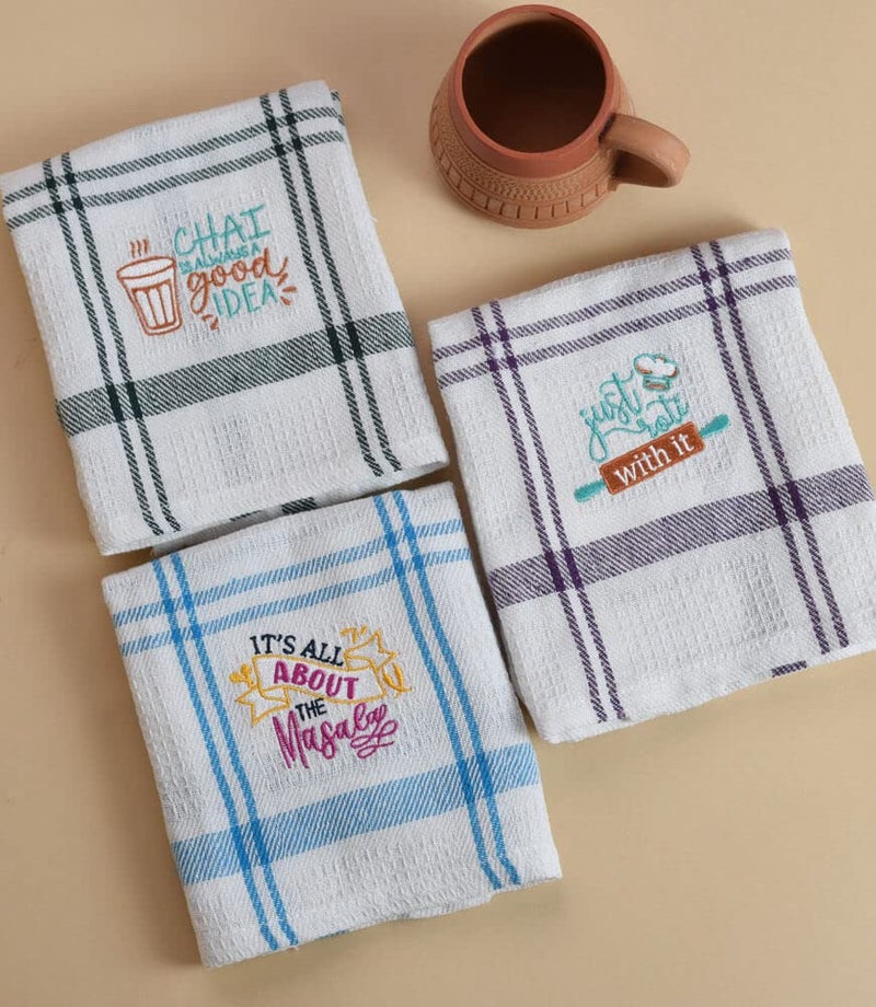 MaatirDesigns Maatir White Checks Embroidered Waffle Cotton Kitchen Dish Towel Set 2 - Image 3