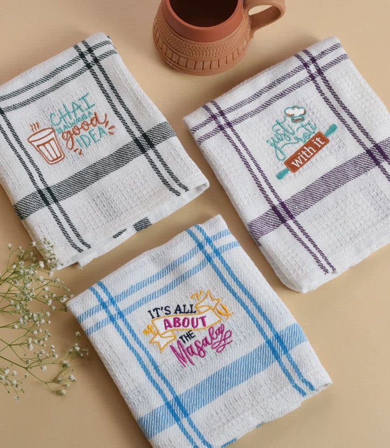 MaatirDesigns Maatir White Checks Embroidered Waffle Cotton Kitchen Dish Towel Set 2 - Image 2