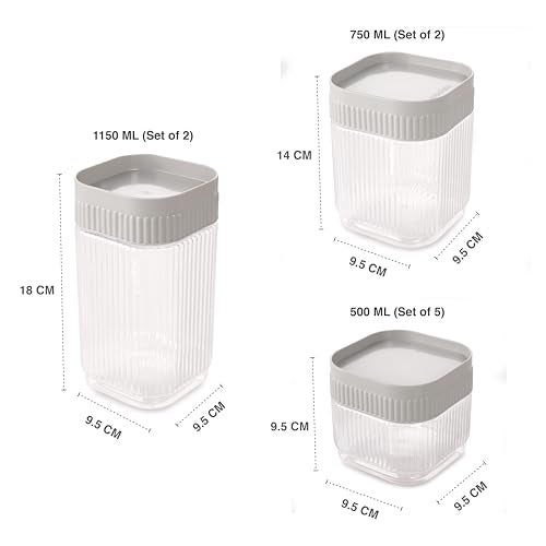Nayasa Refresh Container Set of 9 | 500ml x 5, 750ml x 2, 1150ml x 2 | Transparent Airtight Plastic Jars | Stackable Kitchen Storage Containers | BPA Free & Reusable | White - Image 3