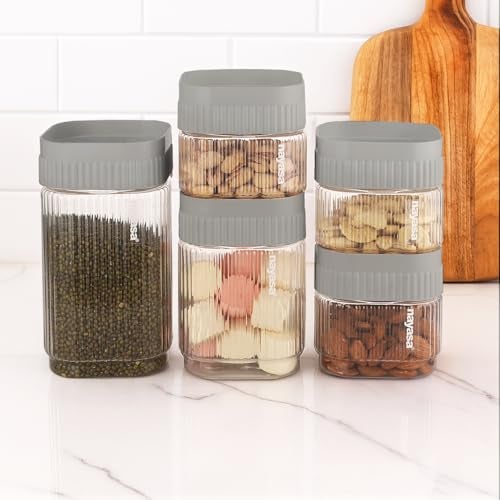 Nayasa Refresh Container Set of 9 | 500ml x 5, 750ml x 2, 1150ml x 2 | Transparent Airtight Plastic Jars | Stackable Kitchen Storage Containers | BPA Free & Reusable | White - Image 5