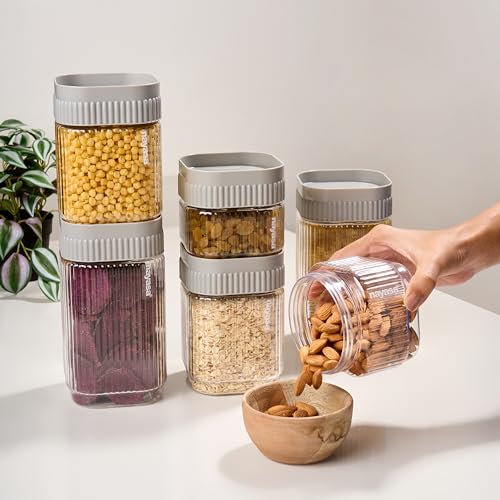 Nayasa Refresh Container Set of 9 | 500ml x 5, 750ml x 2, 1150ml x 2 | Transparent Airtight Plastic Jars | Stackable Kitchen Storage Containers | BPA Free & Reusable | White - Image 2