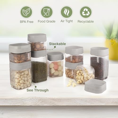 Nayasa Refresh Container Set of 9 | 500ml x 5, 750ml x 2, 1150ml x 2 | Transparent Airtight Plastic Jars | Stackable Kitchen Storage Containers | BPA Free & Reusable | White - Image 4