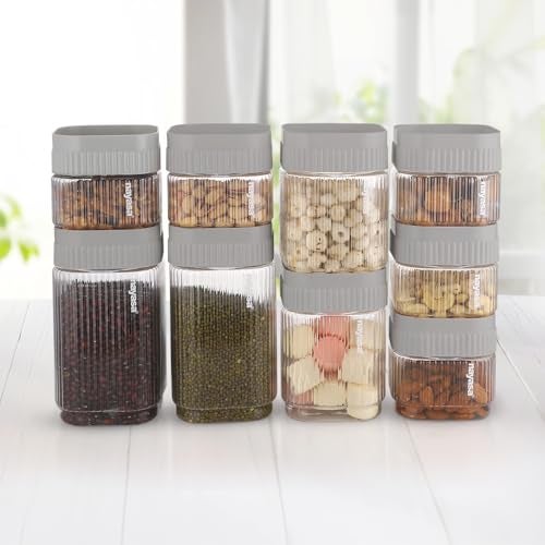 Nayasa Refresh Container Set of 9 | 500ml x 5, 750ml x 2, 1150ml x 2 | Transparent Airtight Plastic Jars | Stackable Kitchen Storage Containers | BPA Free & Reusable | White - Image 1