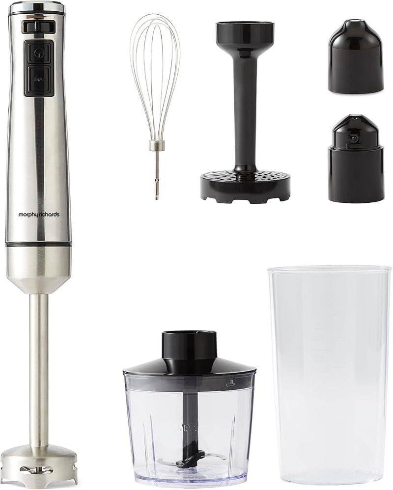 مورفي ريتشاردز مجموعة خلاط يدوي من الفولاذ المقاوم للصدأ من Morphy Richards مع أداة لهرس البطاطس، سرعات قابلة للتعديل، وضع التوربو، محرك كهربائي، خفيف الوزن، يستخدم للهرس/التقطيع/الخفق/عصر السموذي والخلط، يشمل الأكسسوارات، قوة 1000 واط، رقم المنتج: 402020 - Image 1