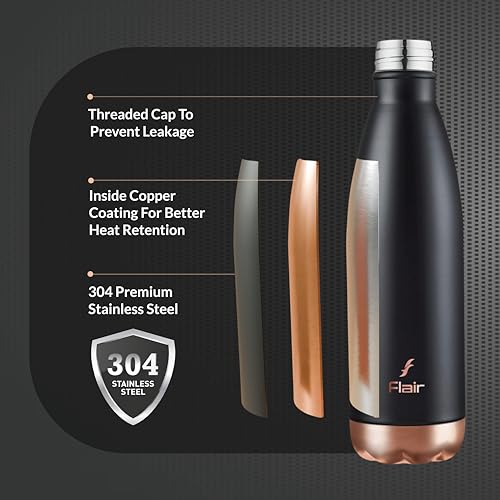 Flair Spark Vacuum Insulated Steel Bottle Black Color - (500 ML, Black), 24 Hours Hot and Cold, Aqua Water Bottle, Thermal Bottle, Leak Proof, Office, Gym, Home, Kitchen, Hiking, Treking, Travel - Image 2