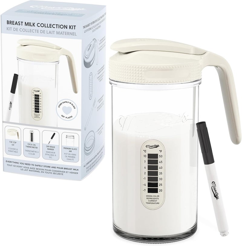 ماسونتوبس Masontops Breast Milk Storage Kit - 24oz Airtight Mason Jar with Handle, Marker & Stick-on Thermometer for New Moms - Image 1