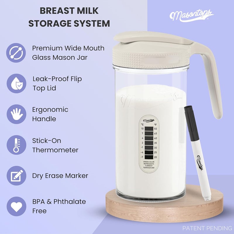 ماسونتوبس Masontops Breast Milk Storage Kit - 24oz Airtight Mason Jar with Handle, Marker & Stick-on Thermometer for New Moms - Image 2