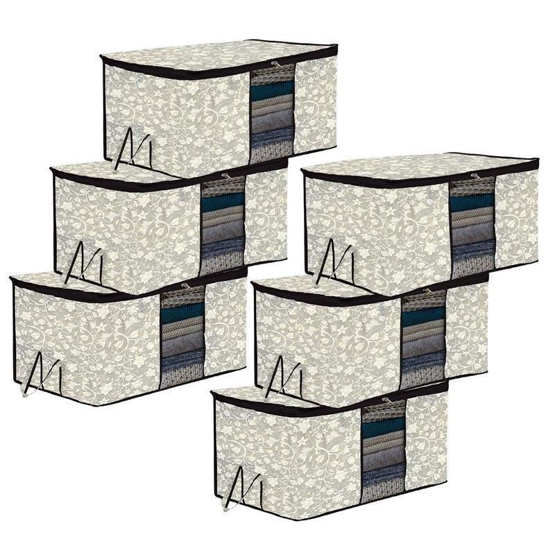 Kuber Industries Underbed Storage Bag Clothes Storage Bag Blanket Cover with Clear Window Zipper Closure Handle Cloth Organizer FlowerDesign Large Pack of 6 Black - Image 1