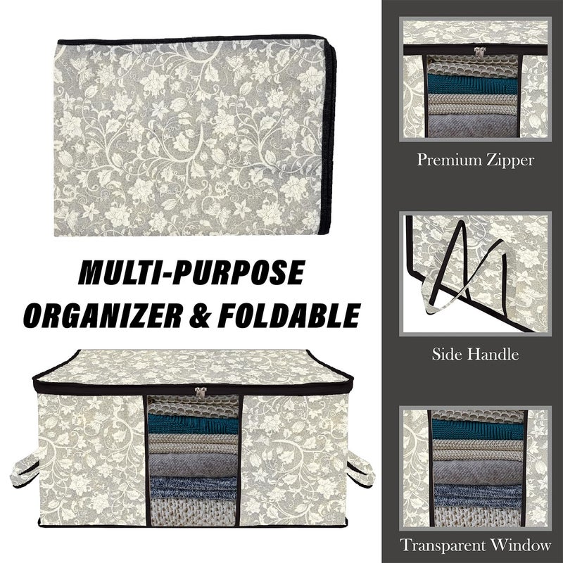 Kuber Industries Underbed Storage Bag Clothes Storage Bag Blanket Cover with Clear Window Zipper Closure Handle Cloth Organizer FlowerDesign Large Pack of 6 Black - Image 4