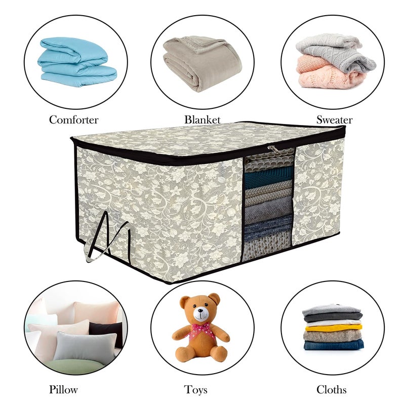Kuber Industries Underbed Storage Bag Clothes Storage Bag Blanket Cover with Clear Window Zipper Closure Handle Cloth Organizer FlowerDesign Large Pack of 6 Black - Image 5