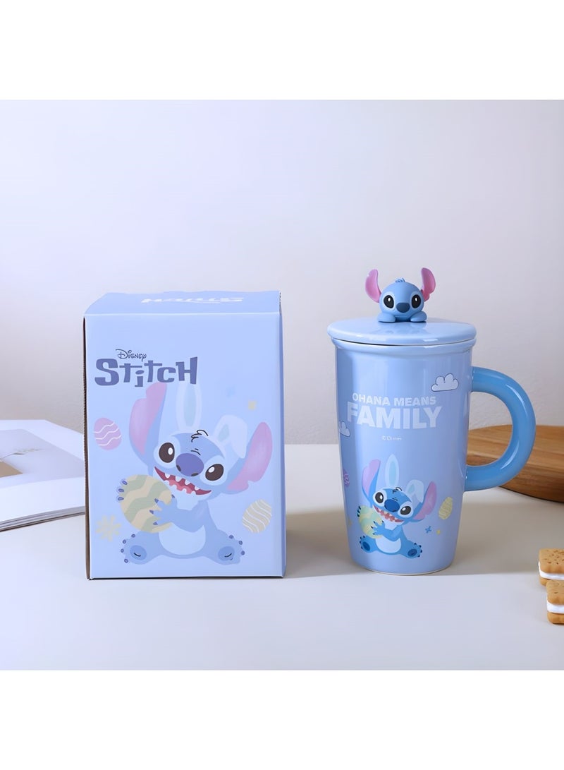 Disney Stitch “ohana means family” Ceramic Mug with Lid & Cute Stitch Figure – Blue 3D Cartoon Coffee Cup | 500ml Heat-Resistant Tea Mug | Perfect Gift for Lilo & Stitch Fans, Kids & Adults - Image 1