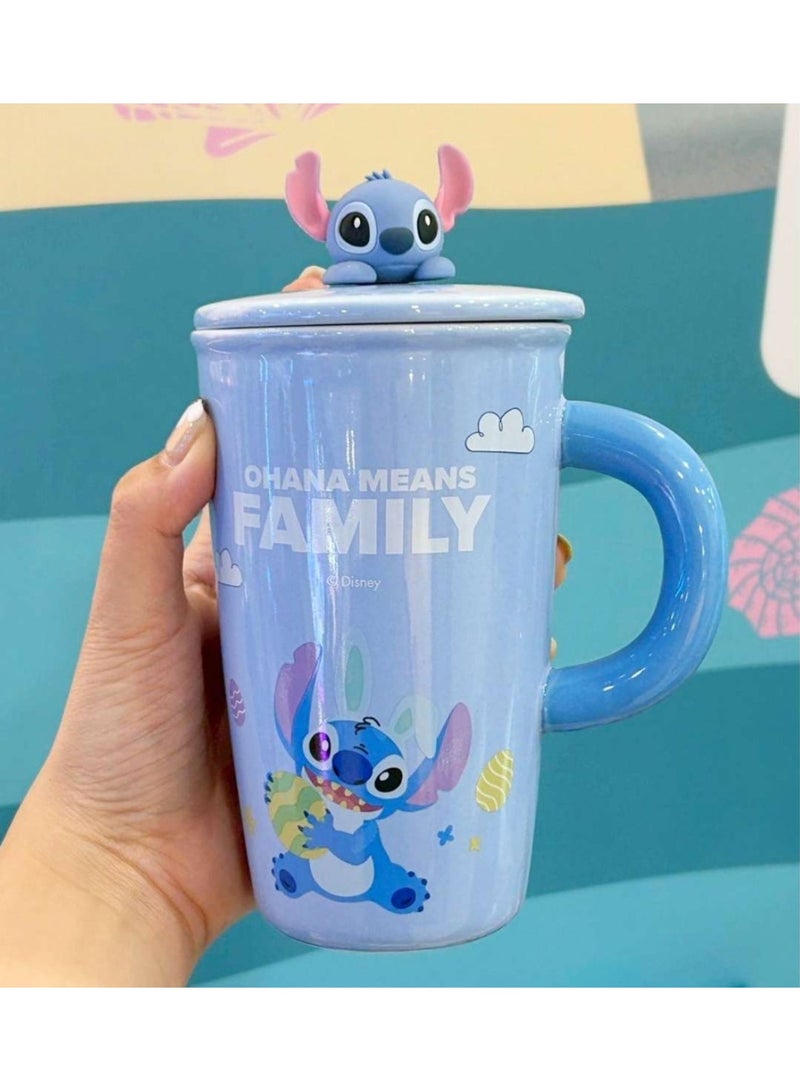 Disney Stitch “ohana means family” Ceramic Mug with Lid & Cute Stitch Figure – Blue 3D Cartoon Coffee Cup | 500ml Heat-Resistant Tea Mug | Perfect Gift for Lilo & Stitch Fans, Kids & Adults - Image 2